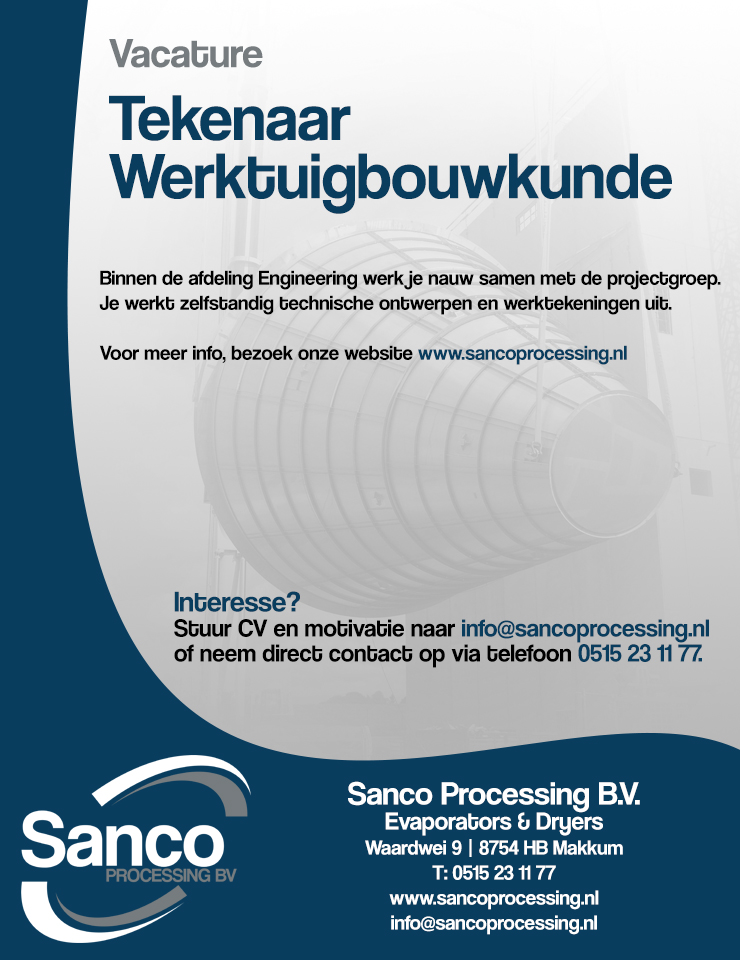 Vacature Tekenaar Werktuigbouwkunde – Sanco Processing